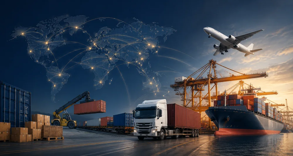 Road, rail, sea and air freight converging on a container terminal