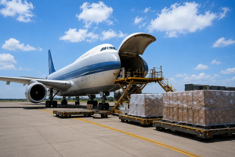 Freighter aircraft loading palletised air cargo