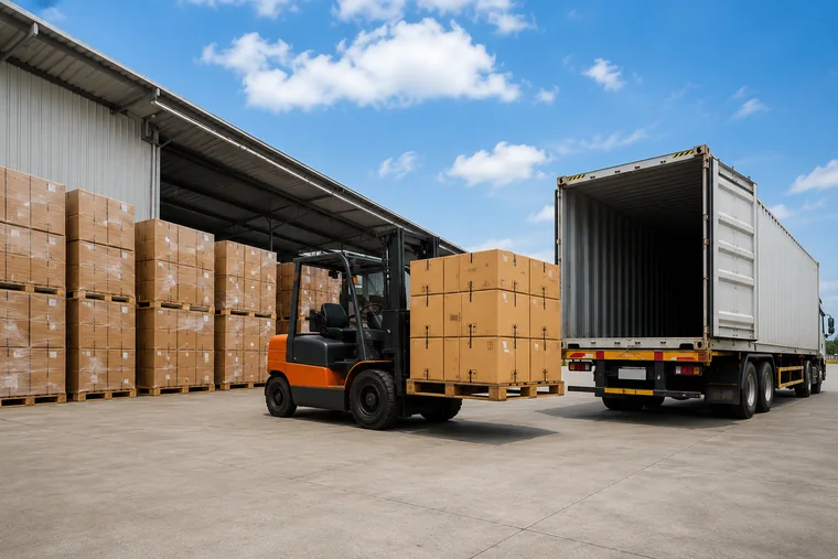 Palletised cargo loaded into a container at the warehouse